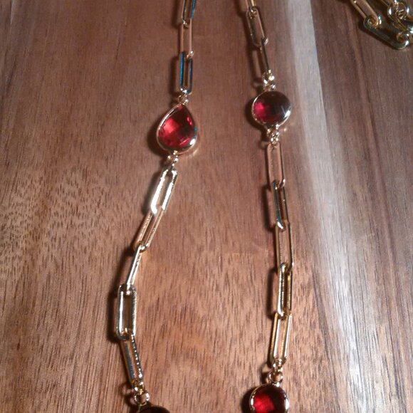 Simulated Ruby Ion Plate Yellow Gold Stainless Steel Paperclip Necklace - Picture 11 of 13